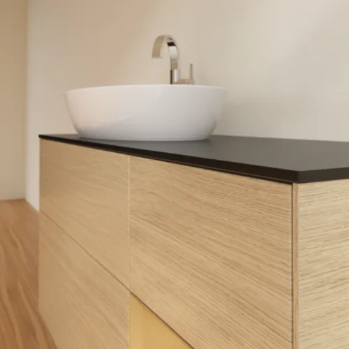 Bild von VILLEROY BOCH Finion Waschbeckenunterschrank, mit Beleuchtung, 3 Auszüge, 1200 x 603 x 501 mm, Oak Veneer / Gold Matt Lacquer / Glass Black Matt #F932HFPC