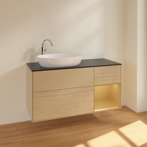 Bild von VILLEROY BOCH Finion Waschbeckenunterschrank, mit Beleuchtung, 3 Auszüge, 1200 x 603 x 501 mm, Oak Veneer / Gold Matt Lacquer / Glass Black Matt #F932HFPC
