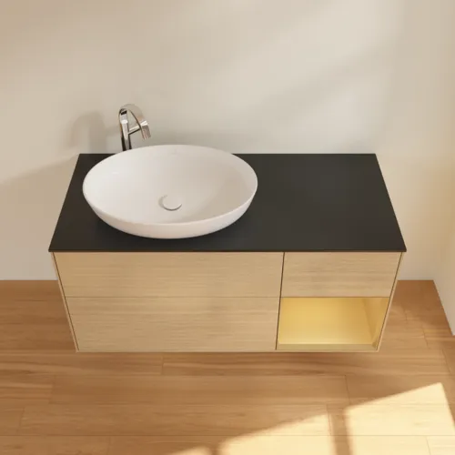 Bild von VILLEROY BOCH Finion Waschbeckenunterschrank, mit Beleuchtung, 3 Auszüge, 1200 x 603 x 501 mm, Oak Veneer / Gold Matt Lacquer / Glass Black Matt #F932HFPC