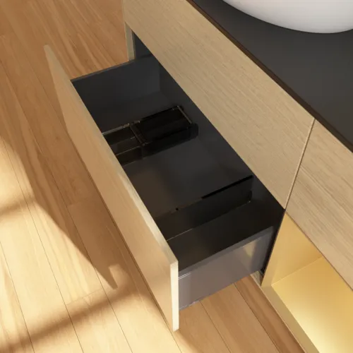 Bild von VILLEROY BOCH Finion Waschbeckenunterschrank, mit Beleuchtung, 3 Auszüge, 1200 x 603 x 501 mm, Oak Veneer / Gold Matt Lacquer / Glass Black Matt #F932HFPC