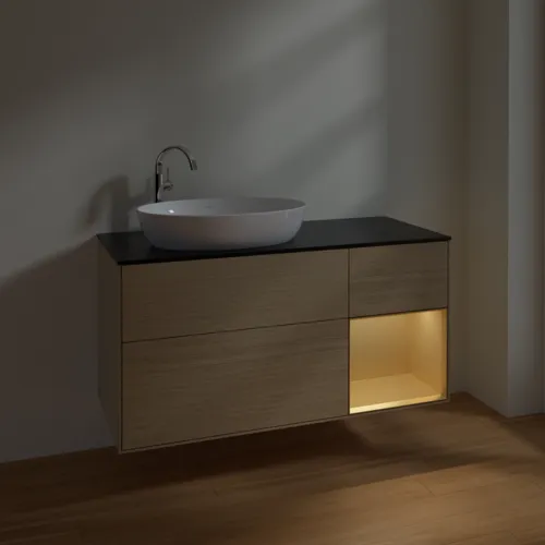 Bild von VILLEROY BOCH Finion Waschbeckenunterschrank, mit Beleuchtung, 3 Auszüge, 1200 x 603 x 501 mm, Oak Veneer / Gold Matt Lacquer / Glass Black Matt #F932HFPC
