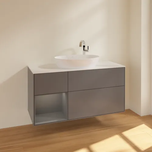 Bild von VILLEROY BOCH Finion Waschbeckenunterschrank, mit Beleuchtung, 3 Auszüge, 1200 x 603 x 501 mm, Anthracite Matt Lacquer / Anthracite Matt Lacquer / Glass White Matt #F941GKGK