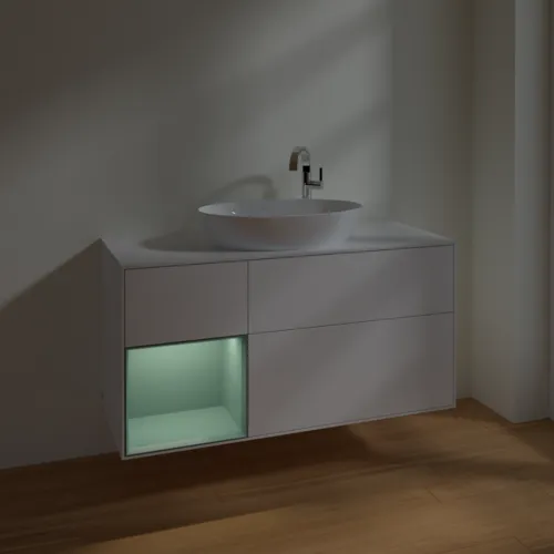 Bild von VILLEROY BOCH Finion Waschbeckenunterschrank, mit Beleuchtung, 3 Auszüge, 1200 x 603 x 501 mm, White Matt Lacquer / Olive Matt Lacquer / Glass White Matt #F941GMMT