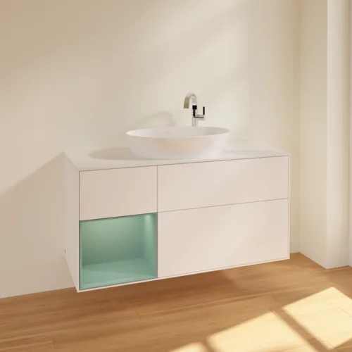 Bild von VILLEROY BOCH Finion Waschbeckenunterschrank, mit Beleuchtung, 3 Auszüge, 1200 x 603 x 501 mm, White Matt Lacquer / Olive Matt Lacquer / Glass White Matt #F941GMMT