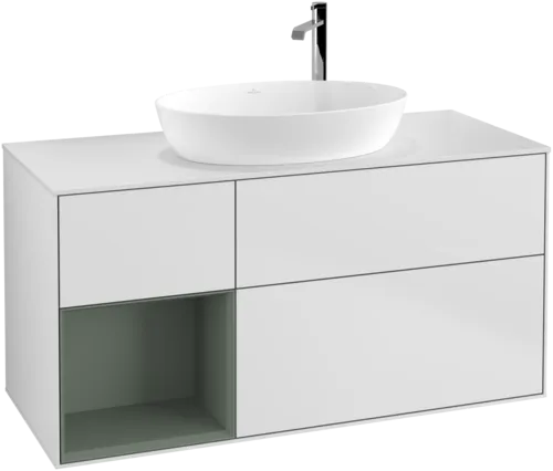 VILLEROY BOCH Finion Vanity unit, with lighting, 3 pull-out compartments, 1200 x 603 x 501 mm, White Matt Lacquer / Olive Matt Lacquer / Glass White Matt #F941GMMT resmi