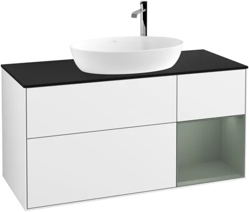 Obrázek VILLEROY BOCH Finion Vanity unit, with lighting, 3 pull-out compartments, 1200 x 603 x 501 mm, Glossy White Lacquer / Olive Matt Lacquer / Glass Black Matt #F952GMGF