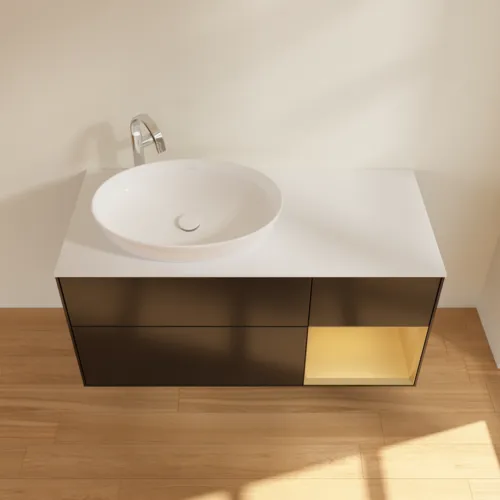Bild von VILLEROY BOCH Finion Waschbeckenunterschrank, mit Beleuchtung, 3 Auszüge, 1200 x 603 x 501 mm, Black Matt Lacquer / Gold Matt Lacquer / Glass White Matt #F931HFPD