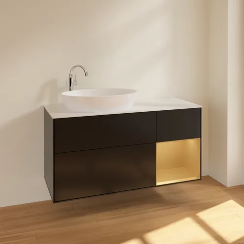 Bild von VILLEROY BOCH Finion Waschbeckenunterschrank, mit Beleuchtung, 3 Auszüge, 1200 x 603 x 501 mm, Black Matt Lacquer / Gold Matt Lacquer / Glass White Matt #F931HFPD