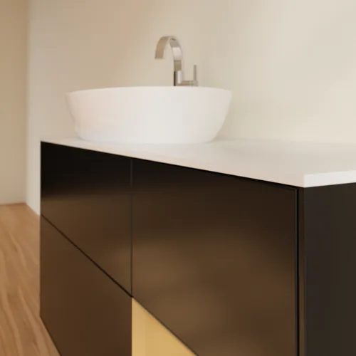 Bild von VILLEROY BOCH Finion Waschbeckenunterschrank, mit Beleuchtung, 3 Auszüge, 1200 x 603 x 501 mm, Black Matt Lacquer / Gold Matt Lacquer / Glass White Matt #F931HFPD