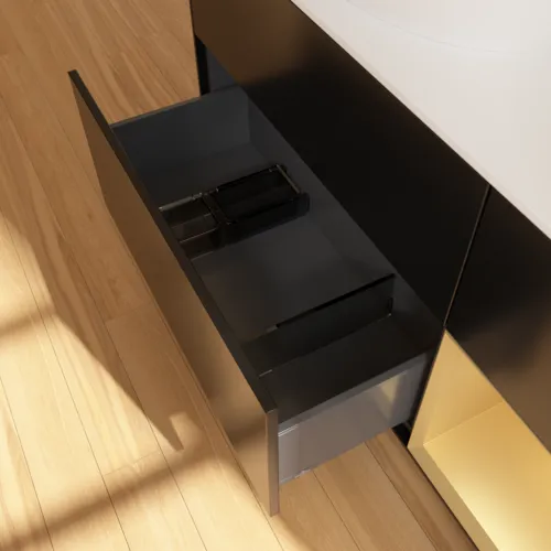 Bild von VILLEROY BOCH Finion Waschbeckenunterschrank, mit Beleuchtung, 3 Auszüge, 1200 x 603 x 501 mm, Black Matt Lacquer / Gold Matt Lacquer / Glass White Matt #F931HFPD