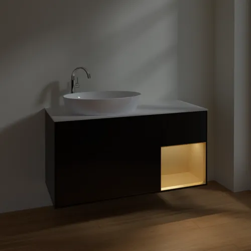Bild von VILLEROY BOCH Finion Waschbeckenunterschrank, mit Beleuchtung, 3 Auszüge, 1200 x 603 x 501 mm, Black Matt Lacquer / Gold Matt Lacquer / Glass White Matt #F931HFPD