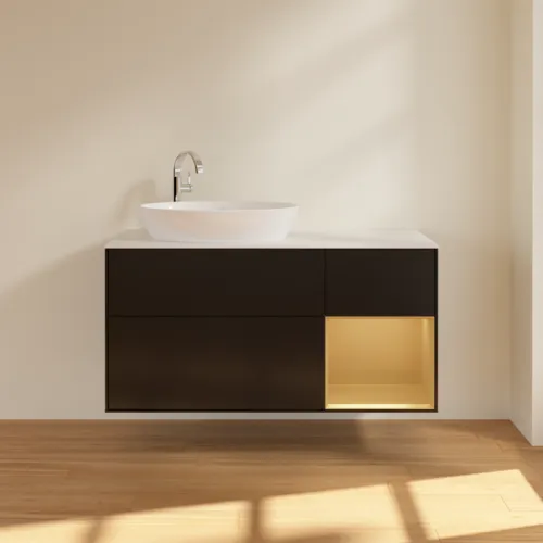 Bild von VILLEROY BOCH Finion Waschbeckenunterschrank, mit Beleuchtung, 3 Auszüge, 1200 x 603 x 501 mm, Black Matt Lacquer / Gold Matt Lacquer / Glass White Matt #F931HFPD