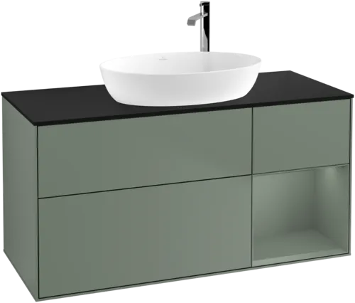 Obrázek VILLEROY BOCH Finion Vanity unit, with lighting, 3 pull-out compartments, 1200 x 603 x 501 mm, Olive Matt Lacquer / Olive Matt Lacquer / Glass Black Matt #F952GMGM