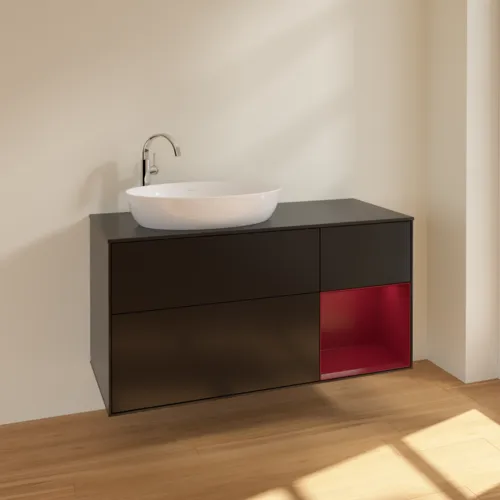 Bild von VILLEROY BOCH Finion Waschbeckenunterschrank, mit Beleuchtung, 3 Auszüge, 1200 x 603 x 501 mm, Black Matt Lacquer / Peony Matt Lacquer / Glass Black Matt #F932HBPD