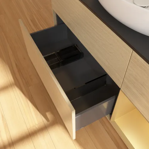 VILLEROY BOCH Finion Waschbeckenunterschrank, mit Beleuchtung, 3 Auszüge, 1200 x 603 x 501 mm, Oak Veneer / Gold Matt Lacquer / Glass Black Matt #F952HFPC, Bild 7