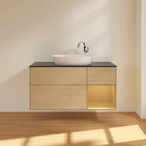 VILLEROY BOCH Finion Waschbeckenunterschrank, mit Beleuchtung, 3 Auszüge, 1200 x 603 x 501 mm, Oak Veneer / Gold Matt Lacquer / Glass Black Matt #F952HFPC, Bild 3