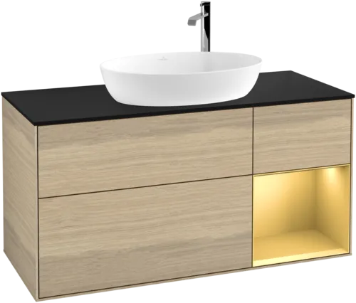 Picture of VILLEROY BOCH Finion Vanity unit, with lighting, 3 pull-out compartments, 1200 x 603 x 501 mm, Oak Veneer / Gold Matt Lacquer / Glass Black Matt #F952HFPC