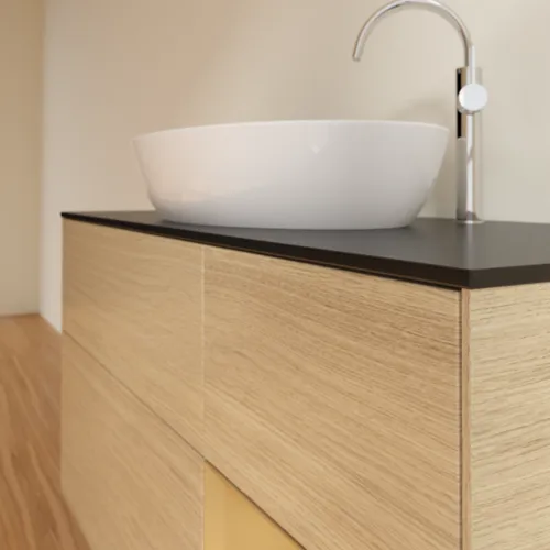 VILLEROY BOCH Finion Waschbeckenunterschrank, mit Beleuchtung, 3 Auszüge, 1200 x 603 x 501 mm, Oak Veneer / Gold Matt Lacquer / Glass Black Matt #F952HFPC, Bild 6