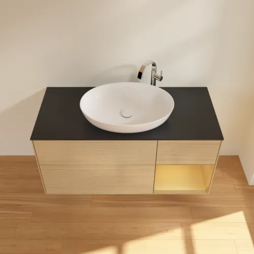 VILLEROY BOCH Finion Waschbeckenunterschrank, mit Beleuchtung, 3 Auszüge, 1200 x 603 x 501 mm, Oak Veneer / Gold Matt Lacquer / Glass Black Matt #F952HFPC, Bild 4
