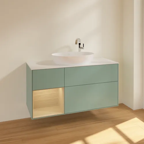 Bild von VILLEROY BOCH Finion Waschbeckenunterschrank, mit Beleuchtung, 3 Auszüge, 1200 x 603 x 501 mm, Olive Matt Lacquer / Oak Veneer / Glass White Matt #F941PCGM