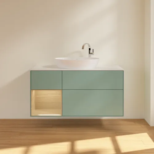 Bild von VILLEROY BOCH Finion Waschbeckenunterschrank, mit Beleuchtung, 3 Auszüge, 1200 x 603 x 501 mm, Olive Matt Lacquer / Oak Veneer / Glass White Matt #F941PCGM