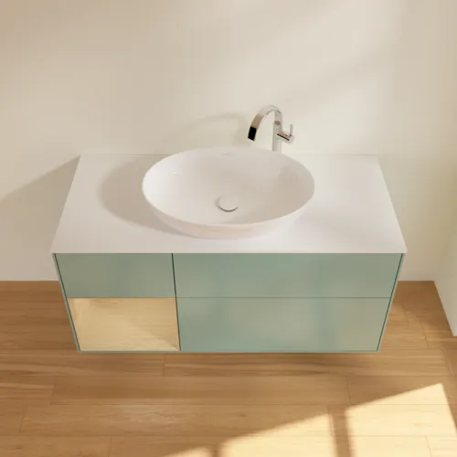 Bild von VILLEROY BOCH Finion Waschbeckenunterschrank, mit Beleuchtung, 3 Auszüge, 1200 x 603 x 501 mm, Olive Matt Lacquer / Oak Veneer / Glass White Matt #F941PCGM