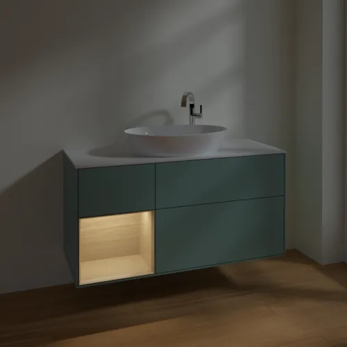 Bild von VILLEROY BOCH Finion Waschbeckenunterschrank, mit Beleuchtung, 3 Auszüge, 1200 x 603 x 501 mm, Olive Matt Lacquer / Oak Veneer / Glass White Matt #F941PCGM