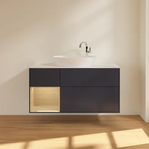 VILLEROY BOCH Finion Waschbeckenunterschrank, mit Beleuchtung, 3 Auszüge, 1200 x 603 x 501 mm, Midnight Blue Matt Lacquer / Oak Veneer / Glass White Matt #F941PCHG, Bild 3