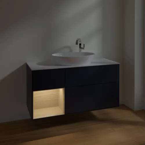 VILLEROY BOCH Finion Waschbeckenunterschrank, mit Beleuchtung, 3 Auszüge, 1200 x 603 x 501 mm, Midnight Blue Matt Lacquer / Oak Veneer / Glass White Matt #F941PCHG, Bild 5