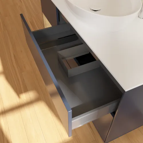 VILLEROY BOCH Finion Waschbeckenunterschrank, mit Beleuchtung, 3 Auszüge, 1200 x 603 x 501 mm, Midnight Blue Matt Lacquer / Oak Veneer / Glass White Matt #F941PCHG, Bild 8