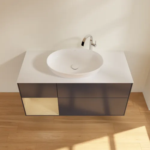 VILLEROY BOCH Finion Waschbeckenunterschrank, mit Beleuchtung, 3 Auszüge, 1200 x 603 x 501 mm, Midnight Blue Matt Lacquer / Oak Veneer / Glass White Matt #F941PCHG, Bild 4