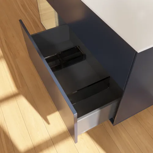 VILLEROY BOCH Finion Waschbeckenunterschrank, mit Beleuchtung, 3 Auszüge, 1200 x 603 x 501 mm, Midnight Blue Matt Lacquer / Oak Veneer / Glass White Matt #F941PCHG, Bild 7