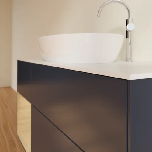 VILLEROY BOCH Finion Waschbeckenunterschrank, mit Beleuchtung, 3 Auszüge, 1200 x 603 x 501 mm, Midnight Blue Matt Lacquer / Oak Veneer / Glass White Matt #F941PCHG, Bild 6