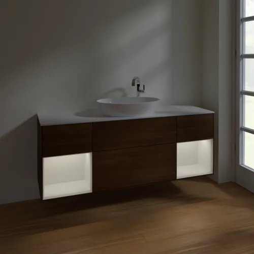 Bild von VILLEROY BOCH Finion Waschbeckenunterschrank, mit Beleuchtung, 4 Auszüge, 1600 x 603 x 501 mm, Walnut Veneer / Glossy White Lacquer / Glass White Matt #F981GFGN
