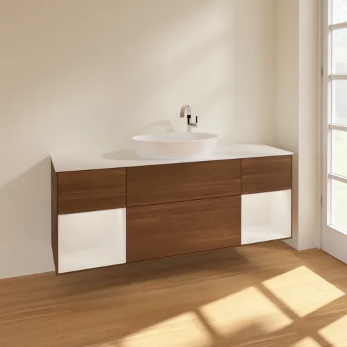 Bild von VILLEROY BOCH Finion Waschbeckenunterschrank, mit Beleuchtung, 4 Auszüge, 1600 x 603 x 501 mm, Walnut Veneer / Glossy White Lacquer / Glass White Matt #F981GFGN