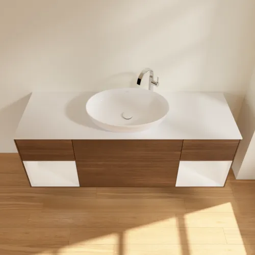 Bild von VILLEROY BOCH Finion Waschbeckenunterschrank, mit Beleuchtung, 4 Auszüge, 1600 x 603 x 501 mm, Walnut Veneer / Glossy White Lacquer / Glass White Matt #F981GFGN