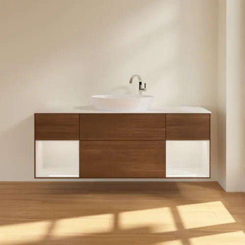 Bild von VILLEROY BOCH Finion Waschbeckenunterschrank, mit Beleuchtung, 4 Auszüge, 1600 x 603 x 501 mm, Walnut Veneer / Glossy White Lacquer / Glass White Matt #F981GFGN