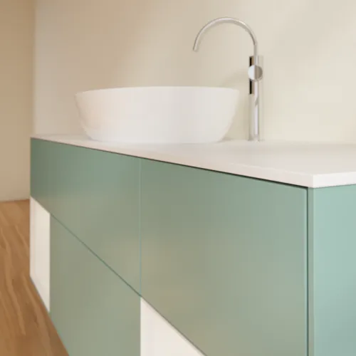 Bild von VILLEROY BOCH Finion Waschbeckenunterschrank, mit Beleuchtung, 4 Auszüge, 1600 x 603 x 501 mm, Olive Matt Lacquer / Glossy White Lacquer / Glass White Matt #F981GFGM