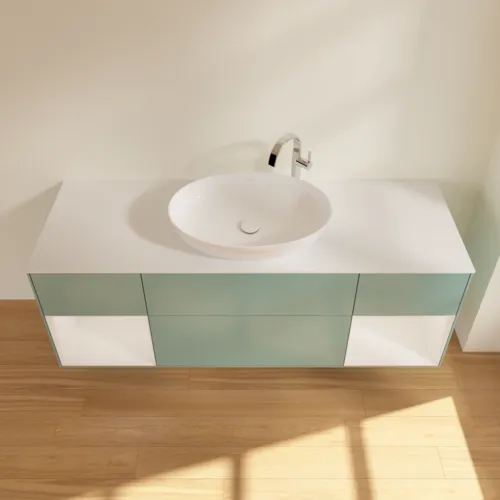 Bild von VILLEROY BOCH Finion Waschbeckenunterschrank, mit Beleuchtung, 4 Auszüge, 1600 x 603 x 501 mm, Olive Matt Lacquer / Glossy White Lacquer / Glass White Matt #F981GFGM