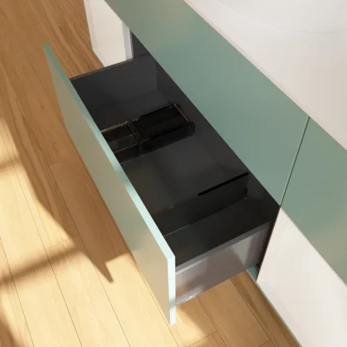 Bild von VILLEROY BOCH Finion Waschbeckenunterschrank, mit Beleuchtung, 4 Auszüge, 1600 x 603 x 501 mm, Olive Matt Lacquer / Glossy White Lacquer / Glass White Matt #F981GFGM