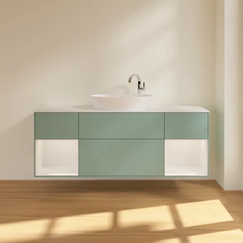 Bild von VILLEROY BOCH Finion Waschbeckenunterschrank, mit Beleuchtung, 4 Auszüge, 1600 x 603 x 501 mm, Olive Matt Lacquer / Glossy White Lacquer / Glass White Matt #F981GFGM