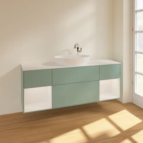 Bild von VILLEROY BOCH Finion Waschbeckenunterschrank, mit Beleuchtung, 4 Auszüge, 1600 x 603 x 501 mm, Olive Matt Lacquer / Glossy White Lacquer / Glass White Matt #F981GFGM