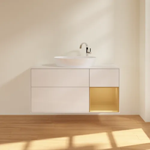 Bild von VILLEROY BOCH Finion Waschbeckenunterschrank, mit Beleuchtung, 3 Auszüge, 1200 x 603 x 501 mm, Glossy White Lacquer / Gold Matt Lacquer / Glass White Matt #F951HFGF