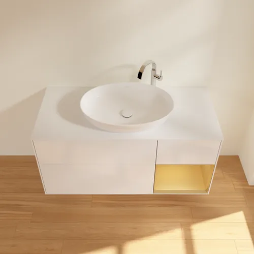 Bild von VILLEROY BOCH Finion Waschbeckenunterschrank, mit Beleuchtung, 3 Auszüge, 1200 x 603 x 501 mm, Glossy White Lacquer / Gold Matt Lacquer / Glass White Matt #F951HFGF