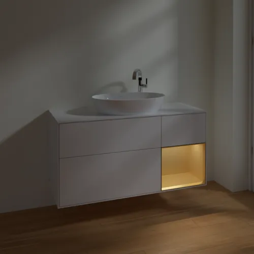 Bild von VILLEROY BOCH Finion Waschbeckenunterschrank, mit Beleuchtung, 3 Auszüge, 1200 x 603 x 501 mm, Glossy White Lacquer / Gold Matt Lacquer / Glass White Matt #F951HFGF