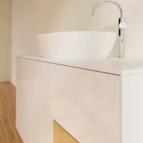 Bild von VILLEROY BOCH Finion Waschbeckenunterschrank, mit Beleuchtung, 3 Auszüge, 1200 x 603 x 501 mm, Glossy White Lacquer / Gold Matt Lacquer / Glass White Matt #F951HFGF