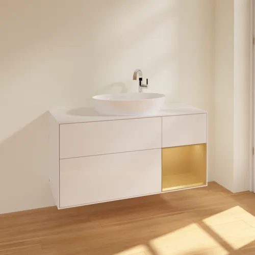 Bild von VILLEROY BOCH Finion Waschbeckenunterschrank, mit Beleuchtung, 3 Auszüge, 1200 x 603 x 501 mm, Glossy White Lacquer / Gold Matt Lacquer / Glass White Matt #F951HFGF