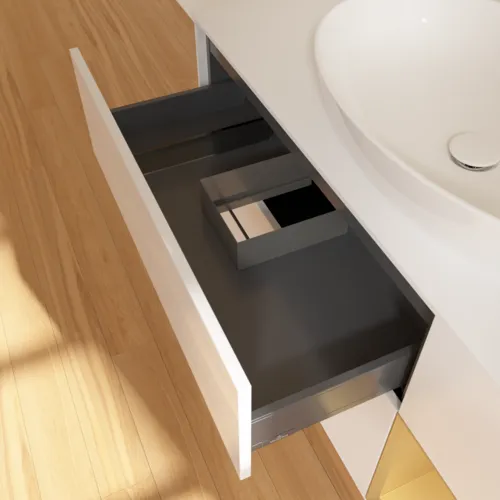 Bild von VILLEROY BOCH Finion Waschbeckenunterschrank, mit Beleuchtung, 3 Auszüge, 1200 x 603 x 501 mm, Glossy White Lacquer / Gold Matt Lacquer / Glass White Matt #F951HFGF