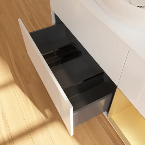 Bild von VILLEROY BOCH Finion Waschbeckenunterschrank, mit Beleuchtung, 3 Auszüge, 1200 x 603 x 501 mm, Glossy White Lacquer / Gold Matt Lacquer / Glass White Matt #F951HFGF