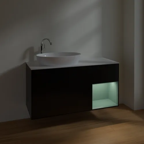Bild von VILLEROY BOCH Finion Waschbeckenunterschrank, mit Beleuchtung, 3 Auszüge, 1200 x 603 x 501 mm, Black Matt Lacquer / Olive Matt Lacquer / Glass White Matt #F931GMPD